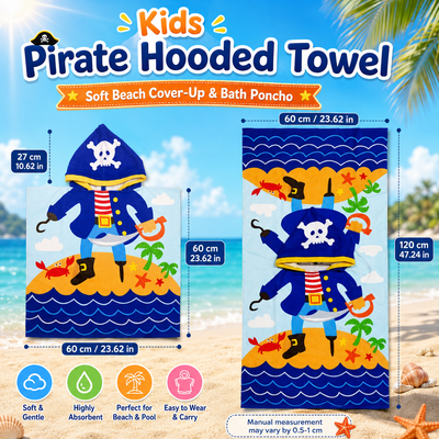 Kids pirate hooded towel shown with beach-themed background