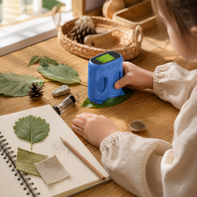 Child holding a blue microscope on leaves with a notebook and nature items on a wooden table