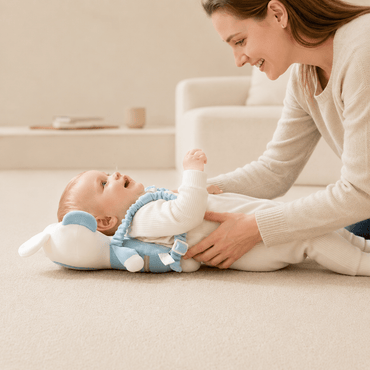 Mom putting the anti-fall safety pillow on a baby lying down