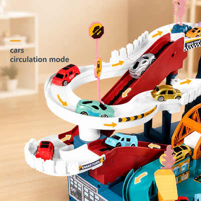 A multi-level toy car race track set with several small toy cars on curved white, red, blue, and orange tracks