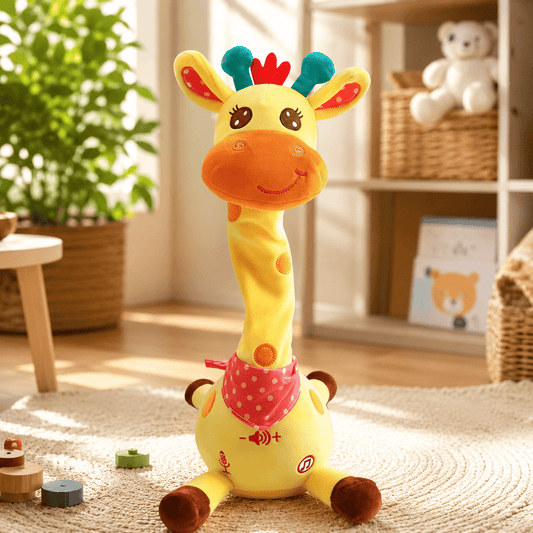 Yellow dancing talking giraffe musical toy for kids on a nursery shelf