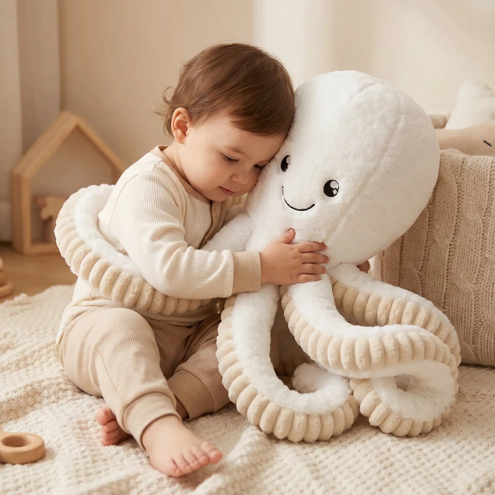 Child hugging a large plush octopus toy in a cozy room.
