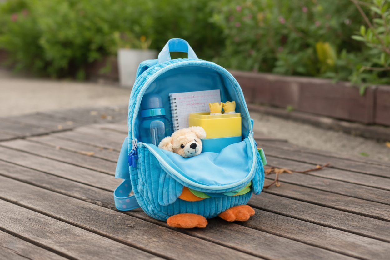 Blue children's backpack with a teddy bear, water bottle, and books on a wooden surface