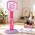 Pink Grow With Me basketball hoop set with four balls and retail packaging showing Toddler Basketball Rack, Age 12 months plus, Adjustable Height