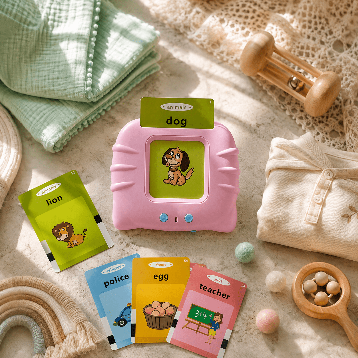 Pink Cat Reader talking flash card toy, speech development toy for toddlers