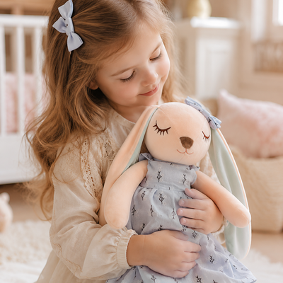 Young girl holding a plush toy with a dress in a softly lit room.