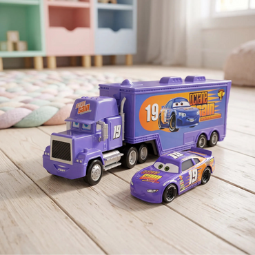A purple toy race truck and matching small race car set placed on a light wood floor in a softly blurred room setting.