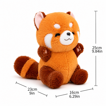 Plush red panda toy with measurements on a white background