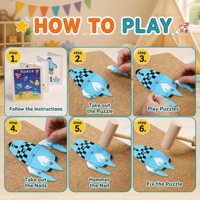 Wooden Hammer & Nail Cork Board Puzzle