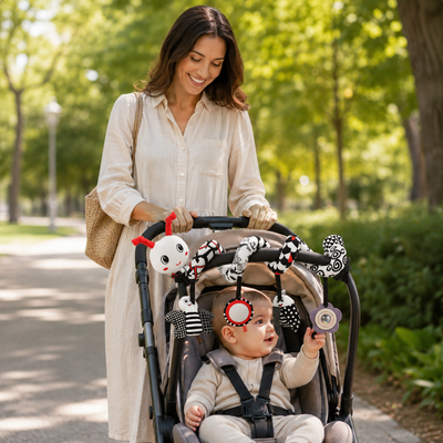 Woman pushing a stroller with a baby inside playing with rattles