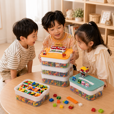 Three children gathered around a table with clear plastic toy bins filled with colorful building blocks. The children are smiling and cleaned the blocks the bins, which contain various small toy pieces in different colors.