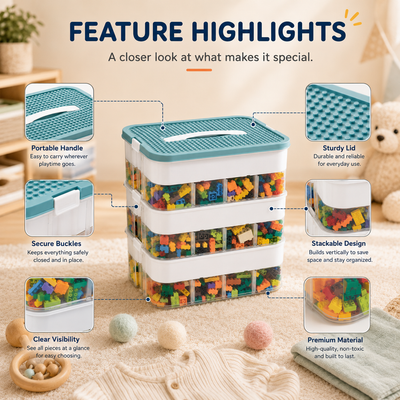 A stackable plastic toy storage organizer shown in a styled indoor scene with callout panels highlighting features such as a portable handle, sturdy lid, secure buckles, clear visibility, stackable design, and premium material.