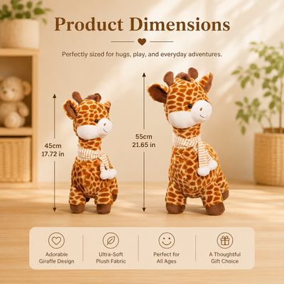 Product dimensions graphic showing two plush giraffe toys on a warm beige background, with text indicating sizes 45cm (17.72 in) and 55cm (21.