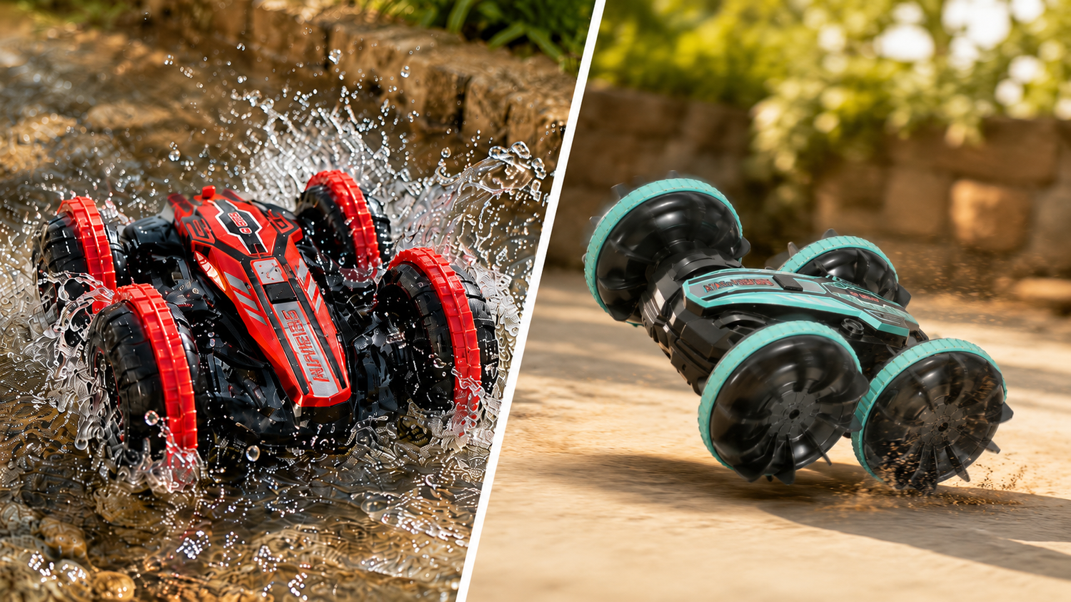 Two toy cars, one red and black, splashing in water, the other green and black, on a dirt path.
