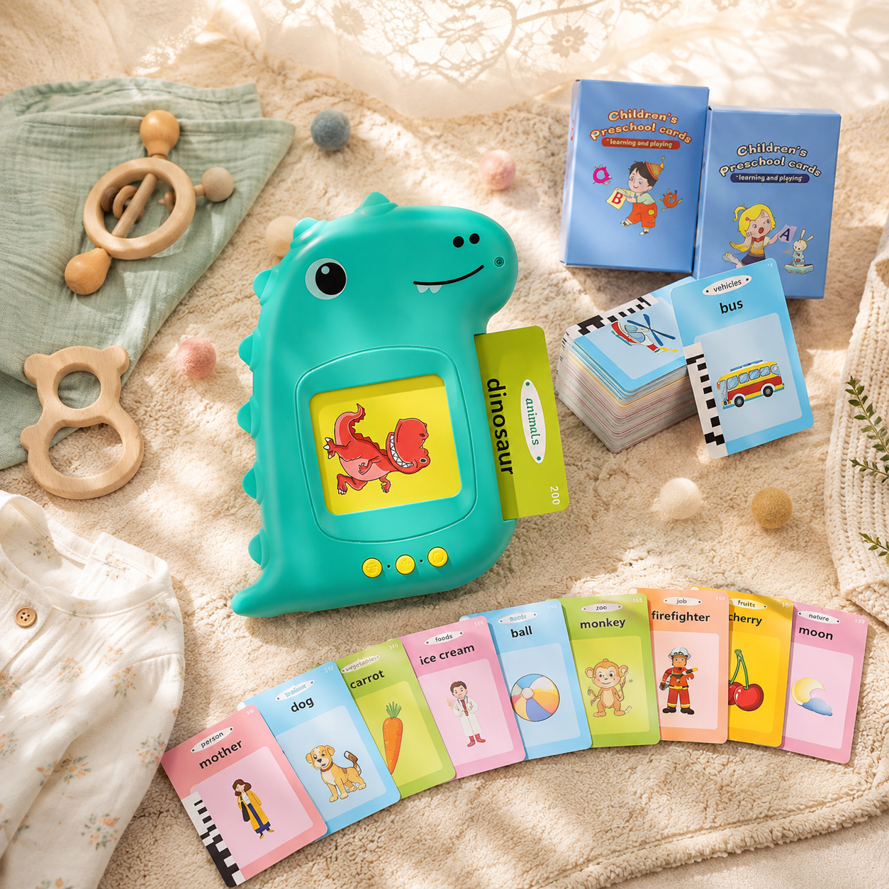 Green dinosaur talking flash card reader with sight word cards, speech development toy for toddlers