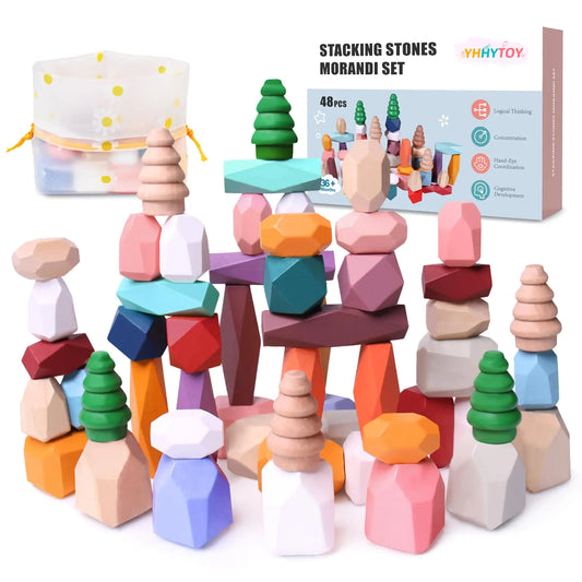 48 PCS Wooden Stacking Rocks Building Blocks Sensory Toddler Learning Montessori Toys for 3 Year Old Preschool Classroom Must Haves Educational STEM Toys 3 4 5 6 Year Old Baby Girl Boy Gifts
