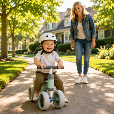 Toddler riding green balance bike outdoors with mom, building gross motor skills