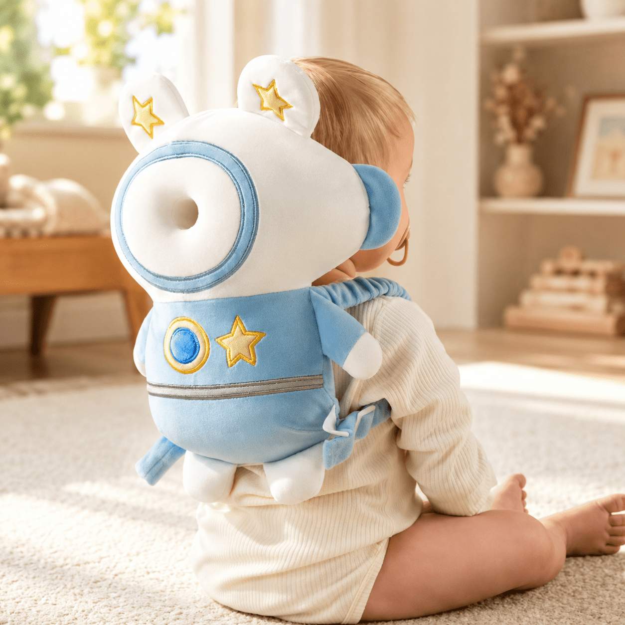 Toddler sitting indoors wearing the astronaut anti-fall safety pillow