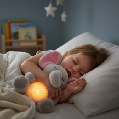 Toddler sleeping with Calmi Elephant, sleep support for toddlers