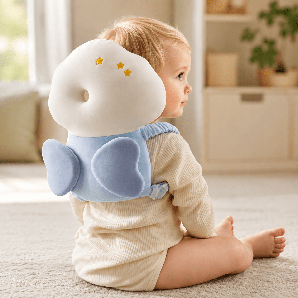 Toddler wearing the nebula design anti-fall safety pillow indoors