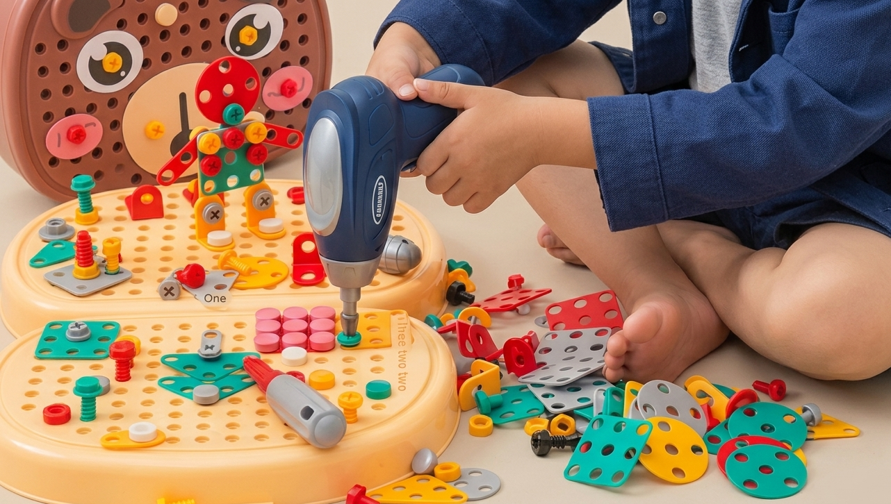 Child playing with a toy drill and construction set on a beige surface
