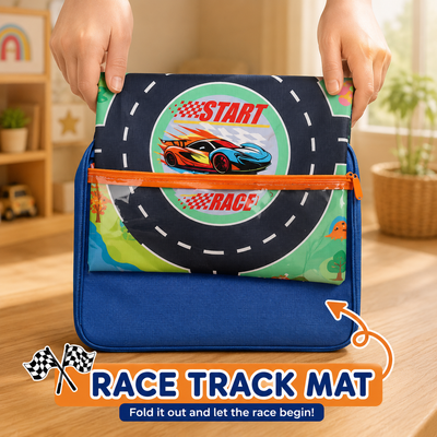 A blue zippered storage bag being held open by two hands, with a printed race track mat folded out inside.