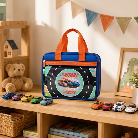 A blue and orange racing-themed school bag with a car wheel graphic and 'START RACE' print, displayed on a wooden shelf in a child's room with toy cars