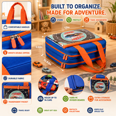 A blue and orange children's organizer lunch bag with a racing track print on the front pocket