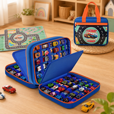 A blue and orange zippered toy car storage case shown open on a wooden floor, with multiple small toy cars arranged inside. A matching closed case with orange handles is visible in the background