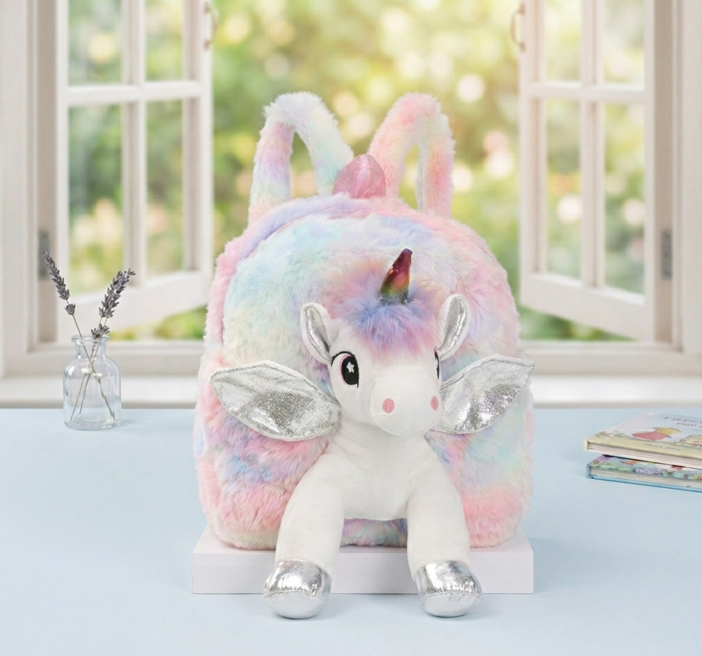 Unicorn plush toy with rainbow hair on a light blue surface with a window in the background