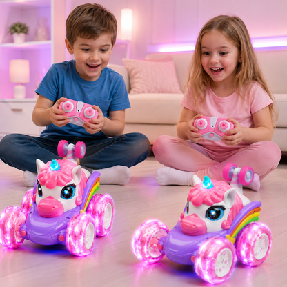 Two children playing with pink toy cars on a light-colored floor, a cool birthday gift for boys and girls