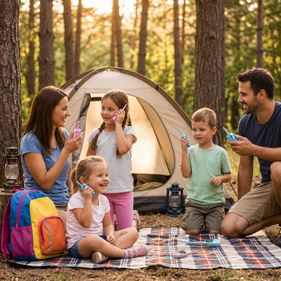A family of five enjoys a camping trip in a forest, with a beige dome tent pitched behind them on a plaid picnic blanket. The adults and children are holding toy walkie talkies