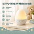Baby sleeping toy features: 30 soothing sounds, cry detector, dimmable warm night light, 30/60/90 timer and glow-in-the-dark buttons