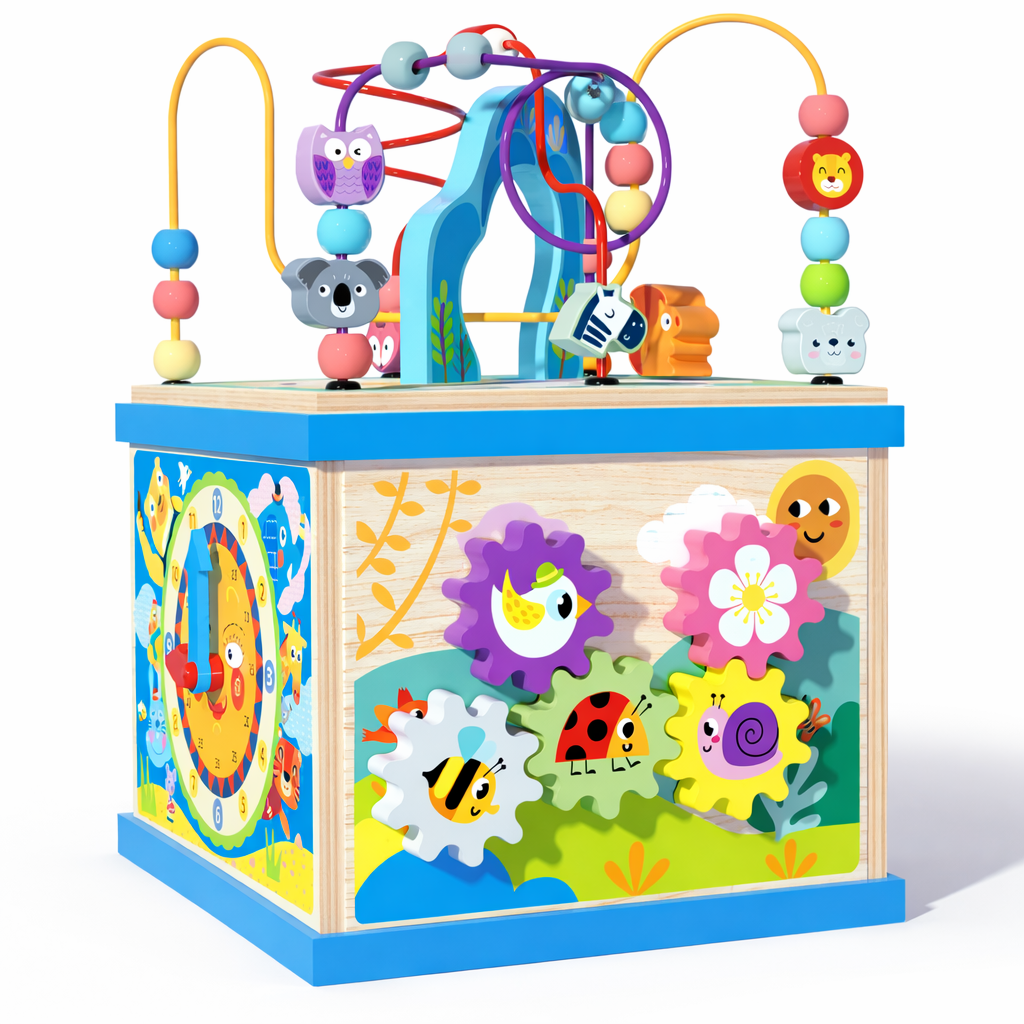 Colorful wooden activity cube with beads, animals, and educational elements on a white background