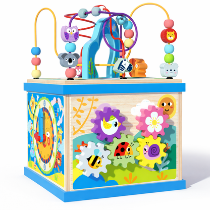 Colorful wooden activity cube with beads, animals, and educational elements on a white background