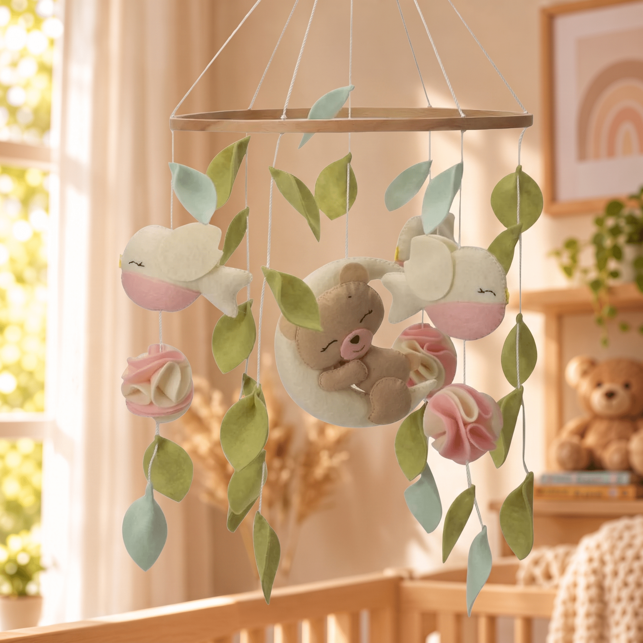Moonlight Bear wooden baby mobile hanging in nursery with sleeping bear on crescent moon