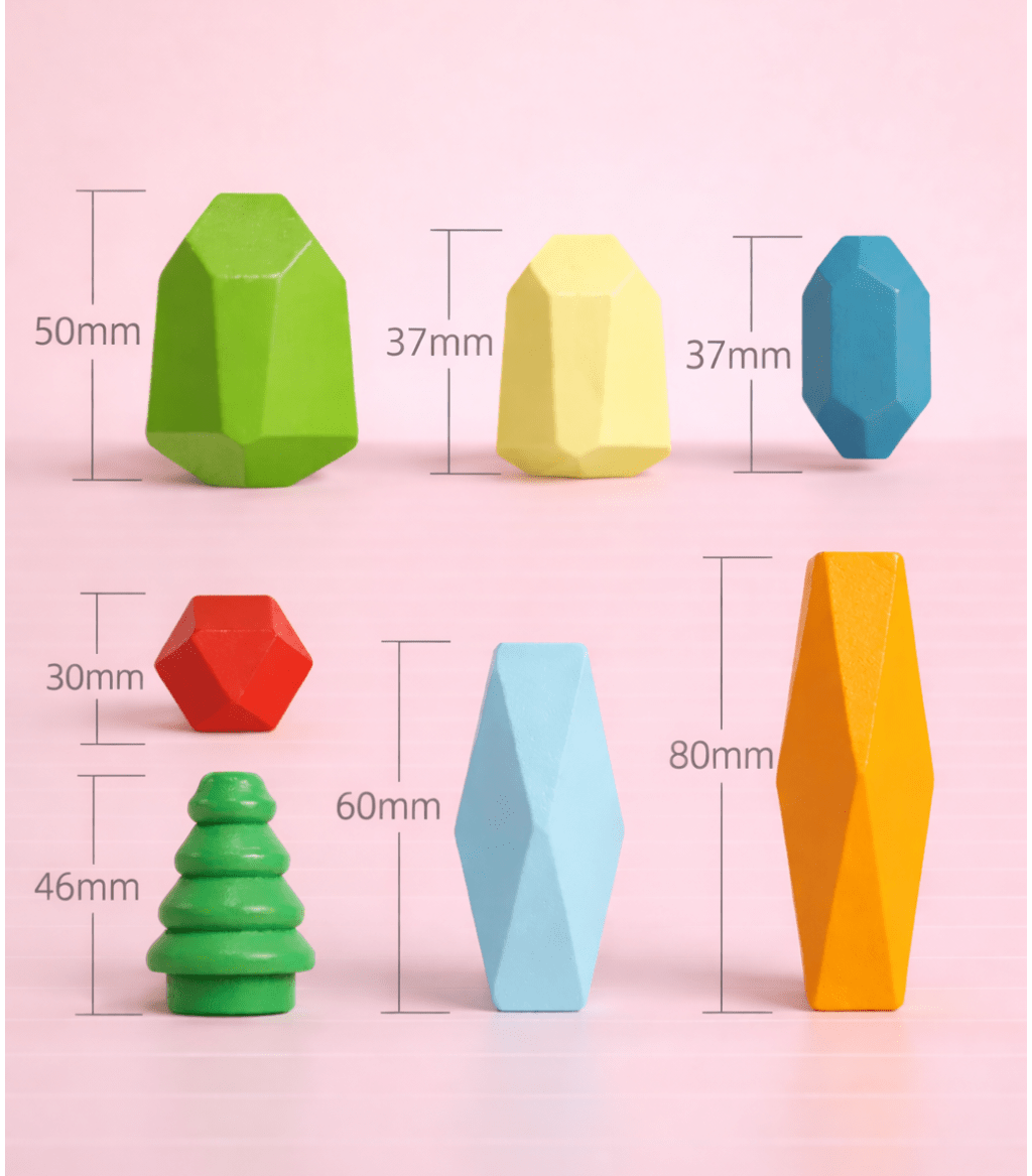 Wooden balancing stones infographic showing individual piece dimensions in millimeters.