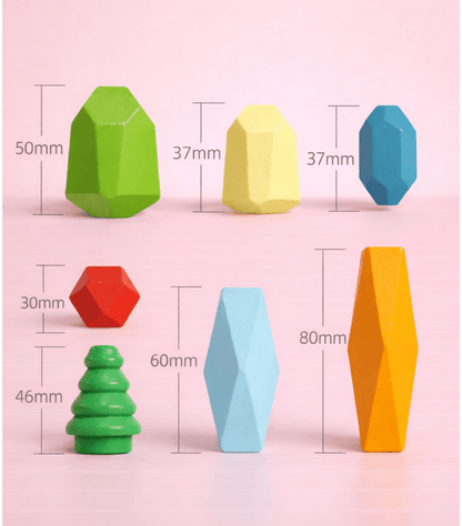 Wooden balancing stones infographic showing individual piece dimensions in millimeters.
