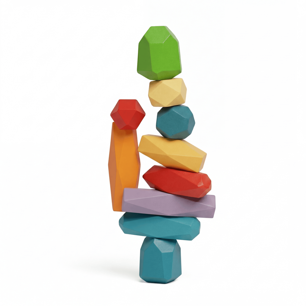 Stack of colorful geometric wooden balancing stones on a white background.