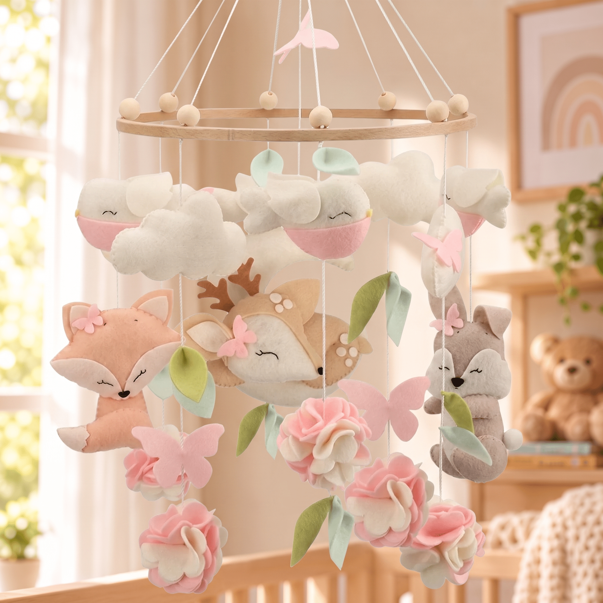 Woodland Friends wooden mobile for babies with fox, deer, and wolf hanging in nursery