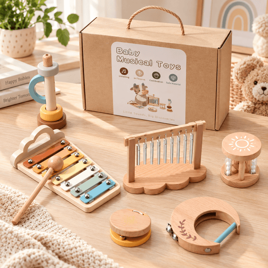 Baby Musical Toys wooden instrument set in gift box - first birthday present idea for toddlers