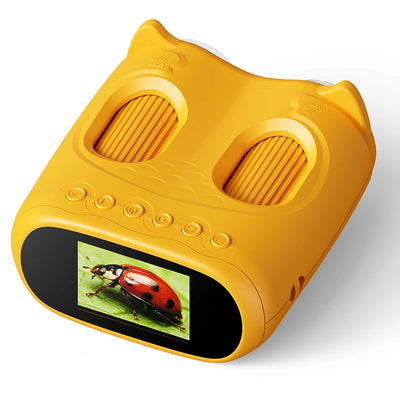 Yellow toy microcope with screen displaying a ladybug on a white background