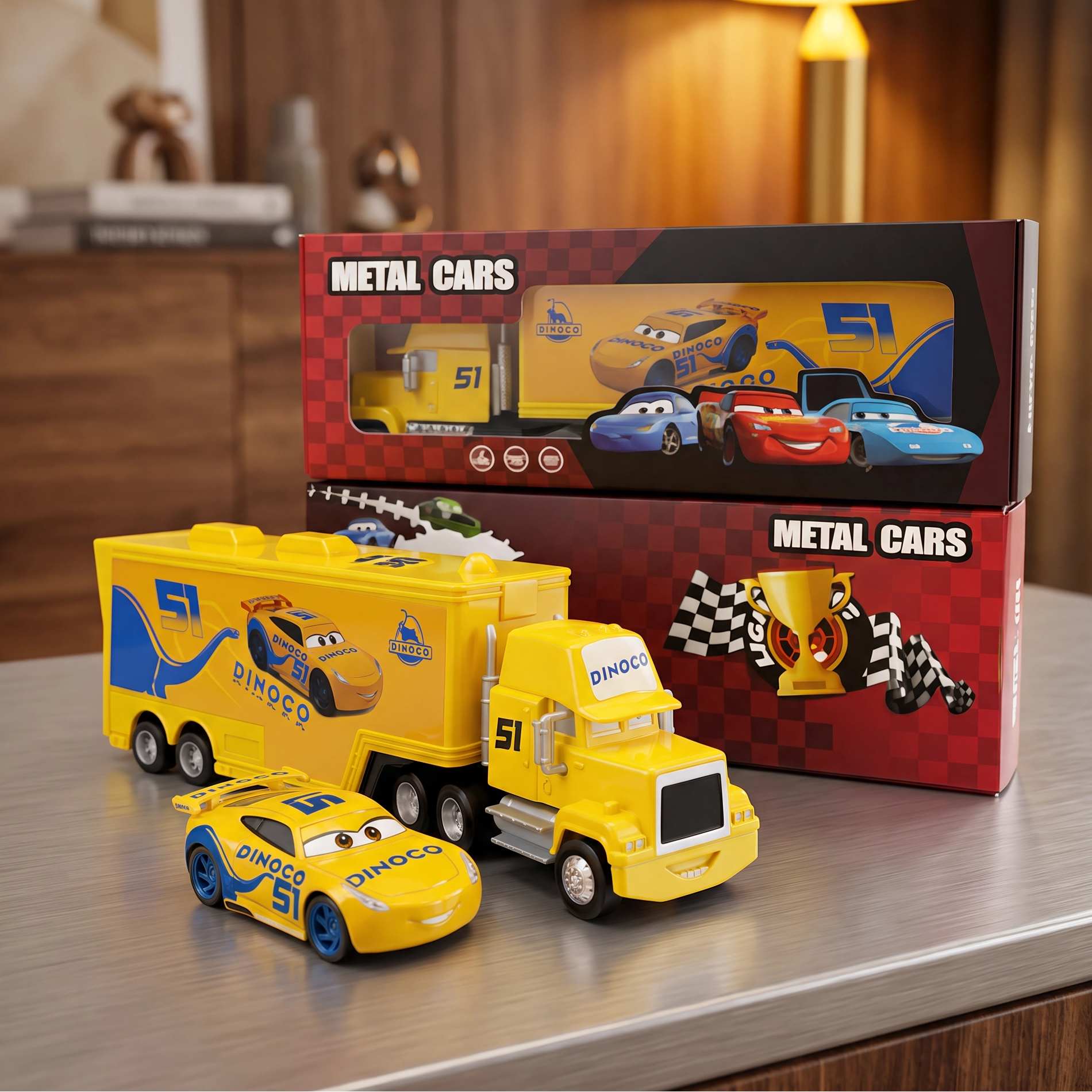 A toy metal car set featuring a yellow semi-truck